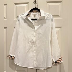 Burberry LongSleeve Button Up Top White Shirt with Iconic Plaid Collar